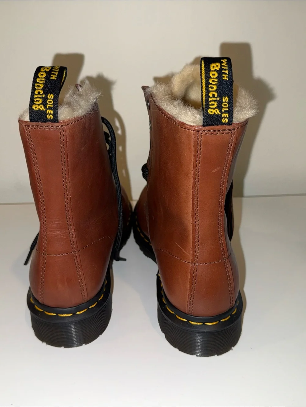 Dr. Martens Brown Leather Lace-Up Boots with Cream Shearling Collar - Picture 3 of 4